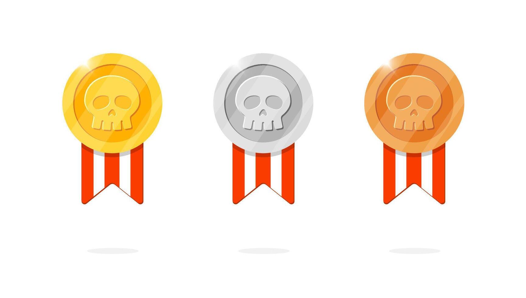 Gaming achievement award medal badge set with skull symbol and red striped ribbon. Gold, silver, bronze ranking medallion in pirate theme. Perfect for game leader bonus animation. Winner place prize vector