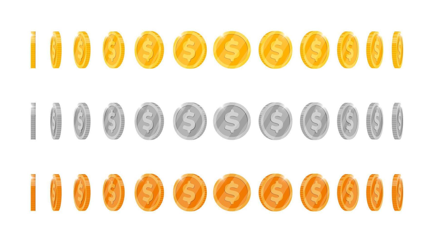 Gold, silver and bronze coin animation showcasing rotation at diverse angles for app or game. Blank casino coin spinning. Rotating achievement icon in flat 3D metal design viewed various perspectives vector