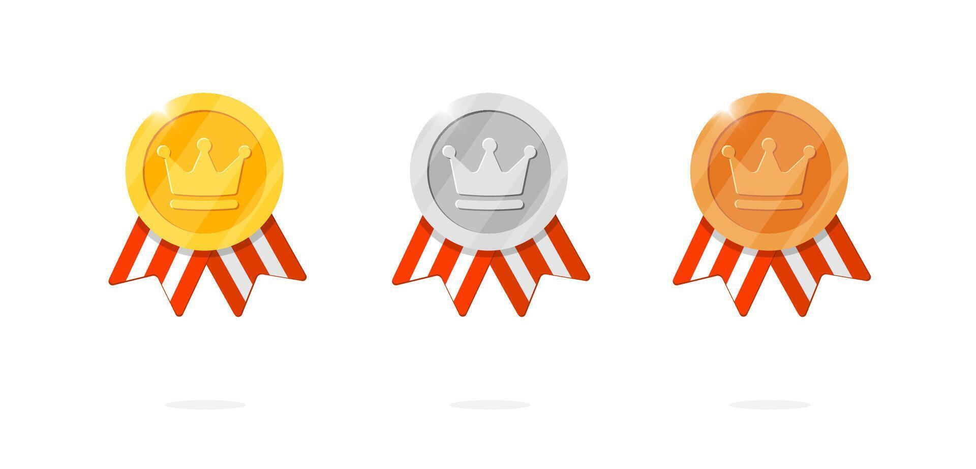 Gaming achievement award medal icon set with crown symbol and red striped ribbon. Winner place gold, silver, bronze ranking and quality medallion in royal theme. Game leader bonus animation badge vector