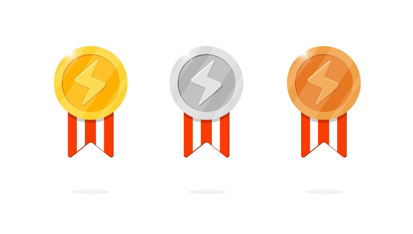 Gaming achievement medal badges. Lightning bolt symbol and red striped ribbon. Gold, silver, bronze ranking medallions. game app interface design element. Leader bonus and winner place icon kit vector
