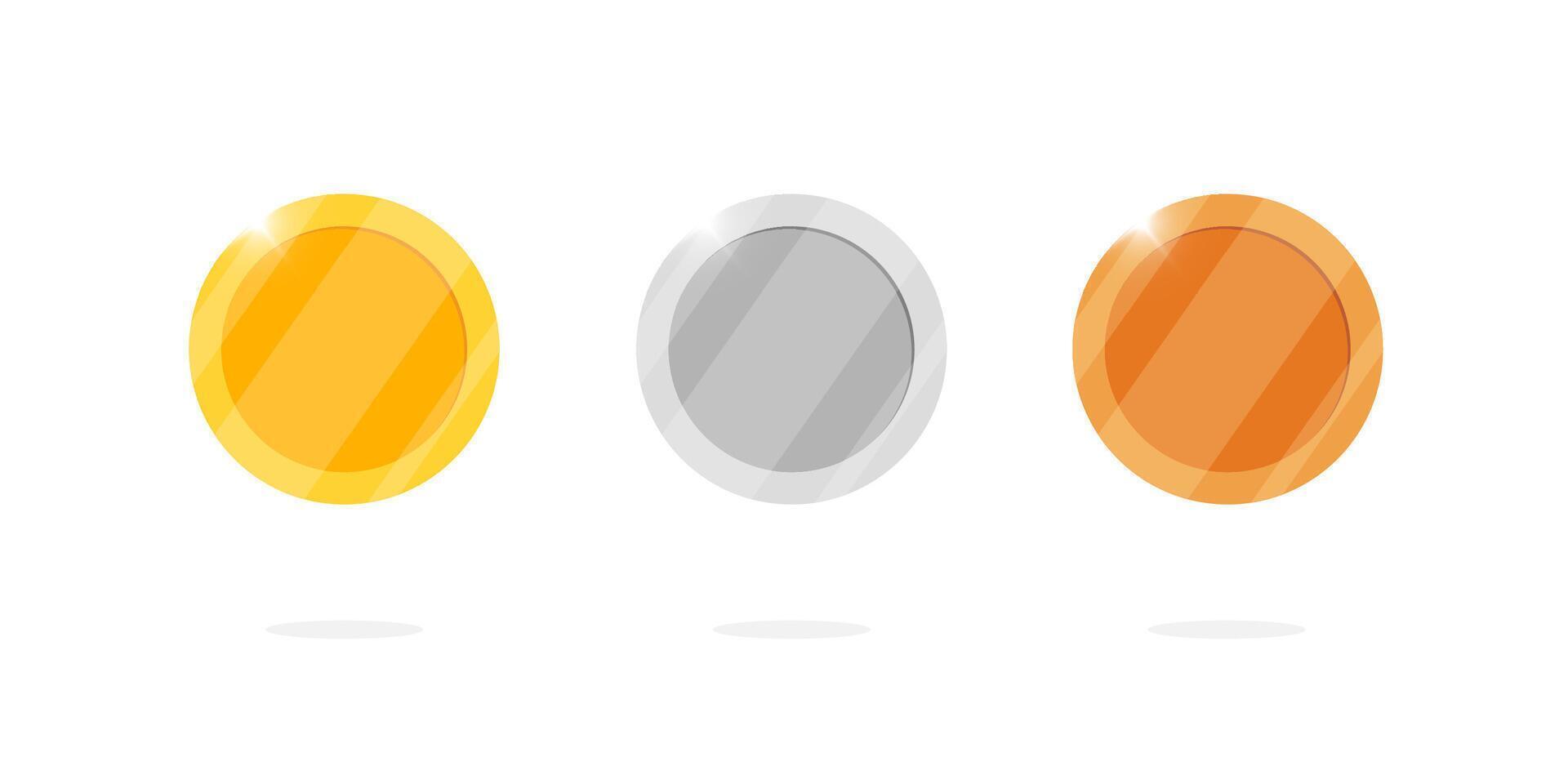 Gold silver bronze blank medal coin set for game or app animation design. Bingo jackpot casino poker win empty elements. Cash treasure concept isolated flat eps illustration vector