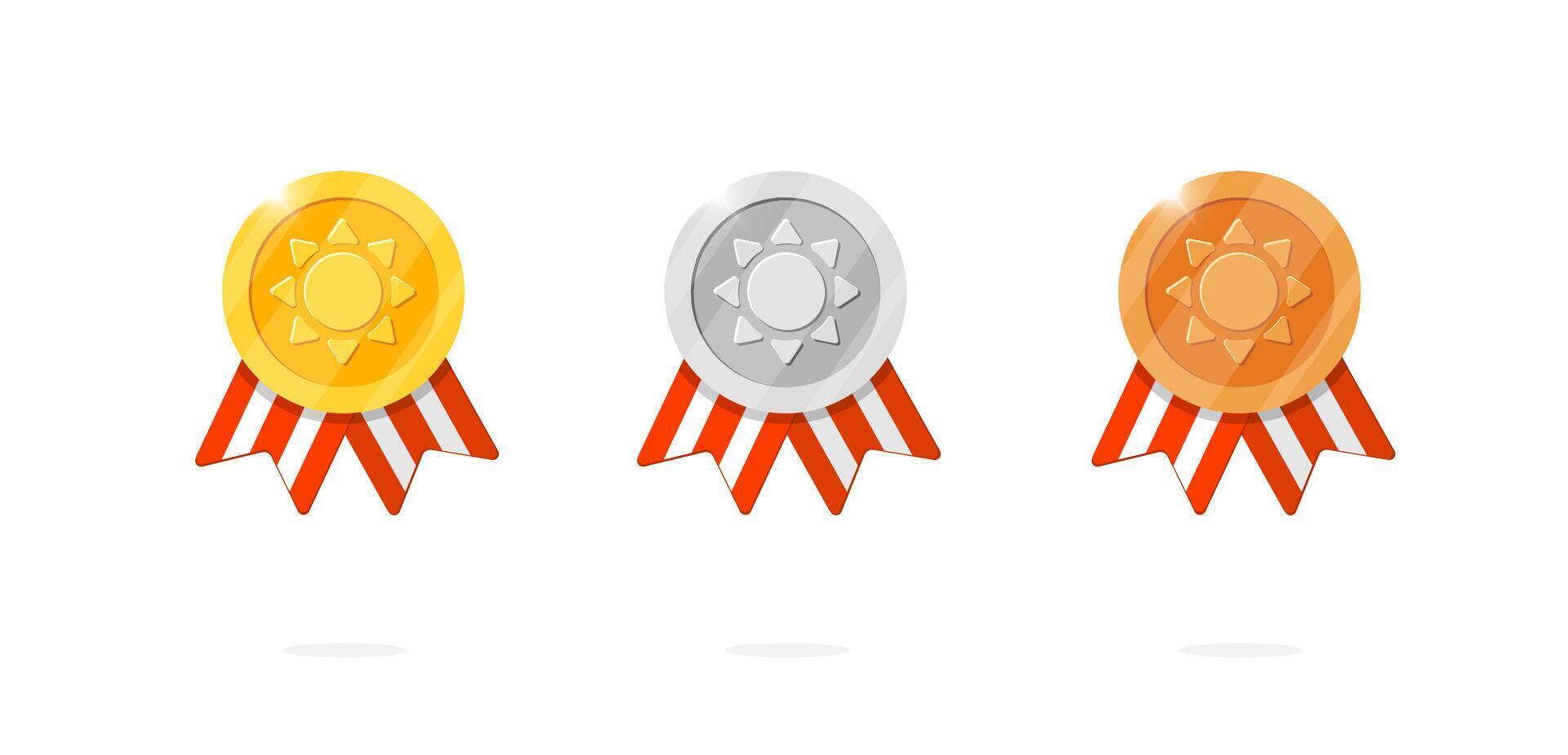 Gaming achievement award medal icon set with sun symbol and red striped ribbon. Winner place gold, silver, bronze ranking and quality medallion in ancient theme. Game leader bonus animation badge vector