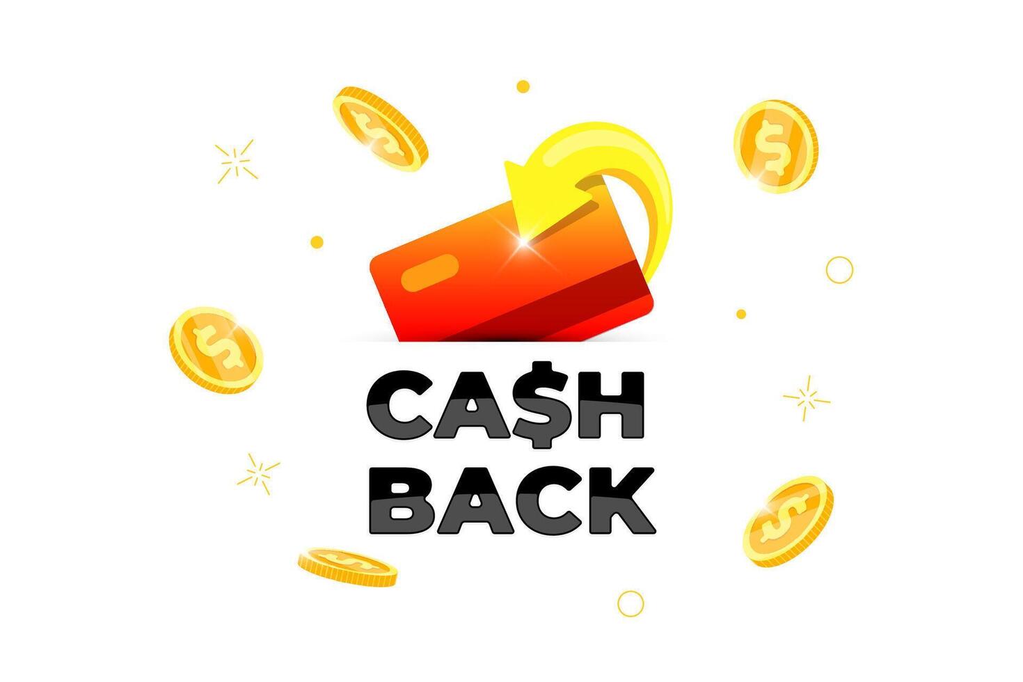 Cashback rewards program banner concept. Refund service promotion featuring gold coins returning to credit card. Bonus money advertising symbol. Financial payment emblem on white backdrop vector