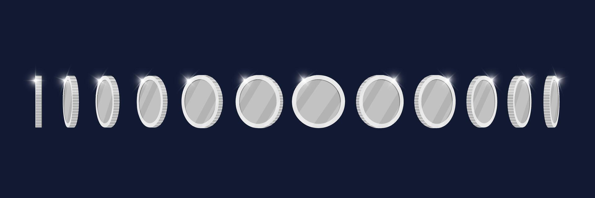 Spinning silver coin at various angles for game or app animation design. Blank casino token in rotation. Achievement icon turning in multiple positions. Flat 3D metallic currency in motion vector