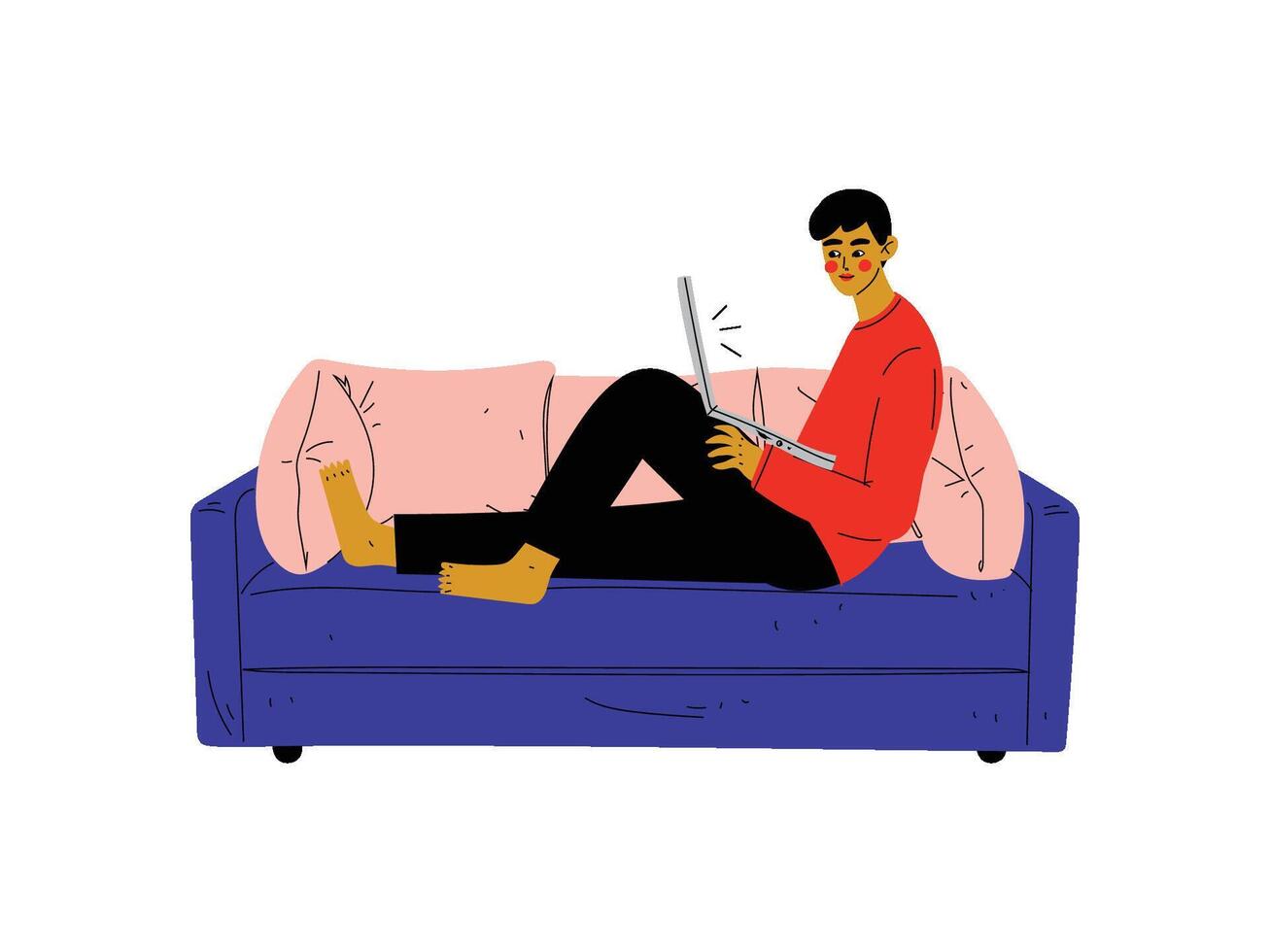 Guy Sitting On Sofa with Laptop, Young Man Working or Relaxing at Home Using Computer Illustration vector