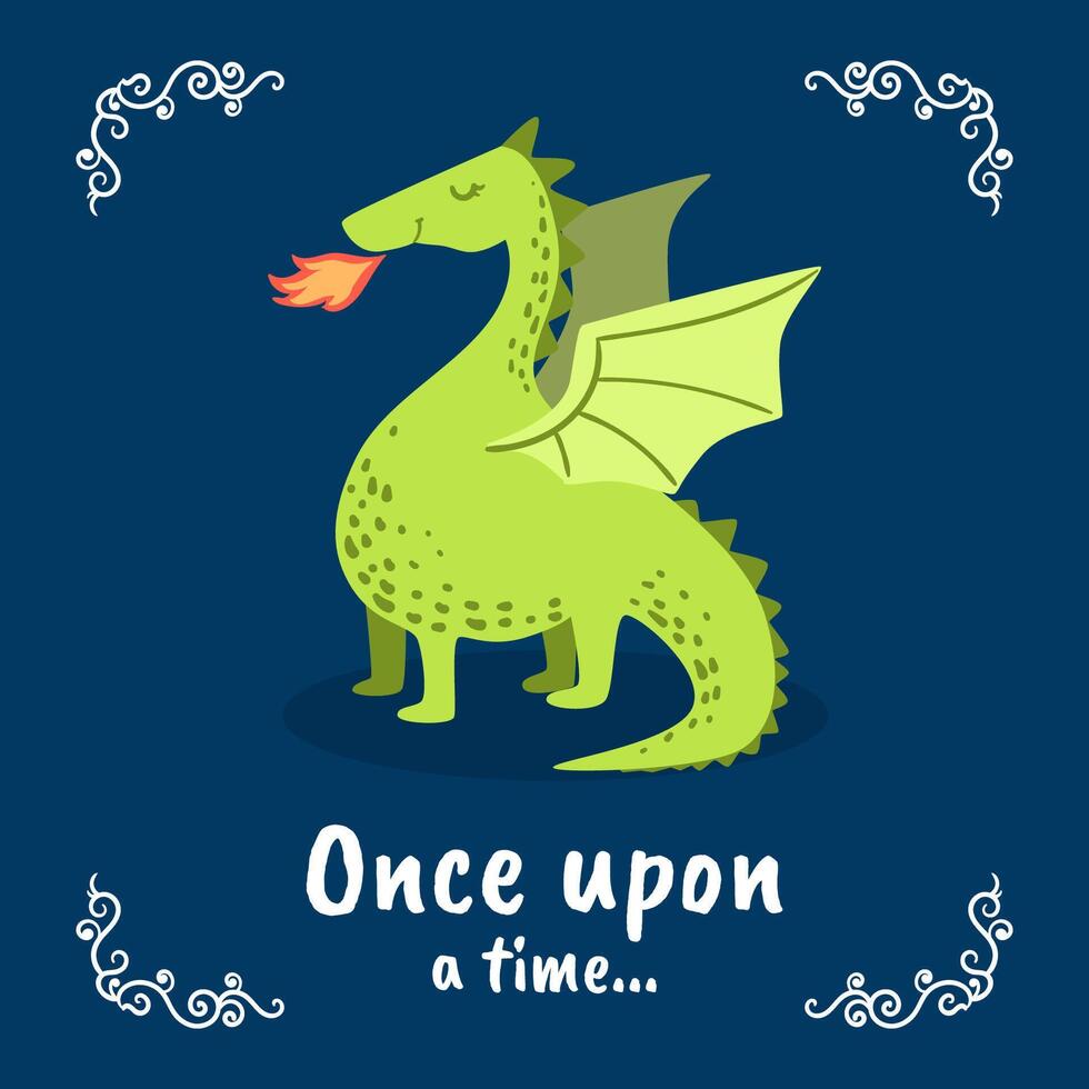 Once Upon a Time Banner Template, Fairytale Dragon on Dark Blue Background, Design Element Can Be Used for Invitation Card, Flyer, Poster, Label, Brochure Illustration vector