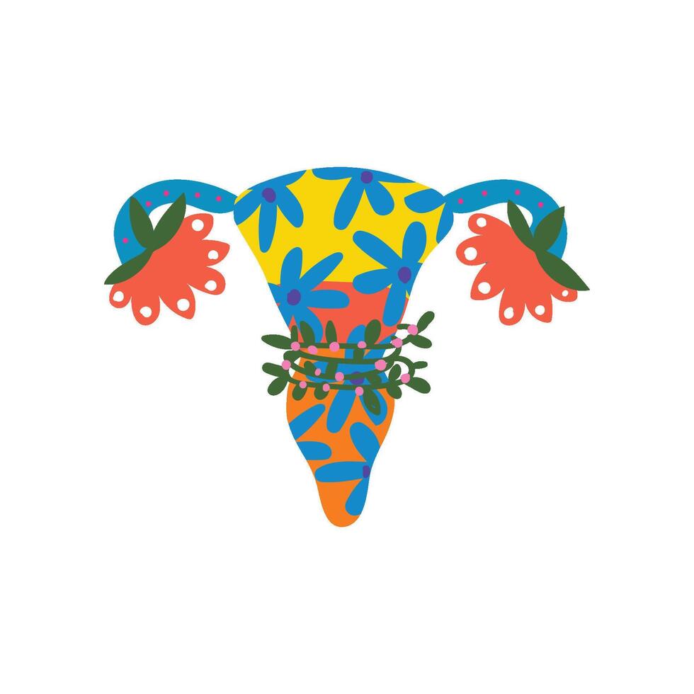Female Reproductive System with Bright Flowers and Plants, Uterus and Womb Organs Made of Blooming Flowers Illustration vector