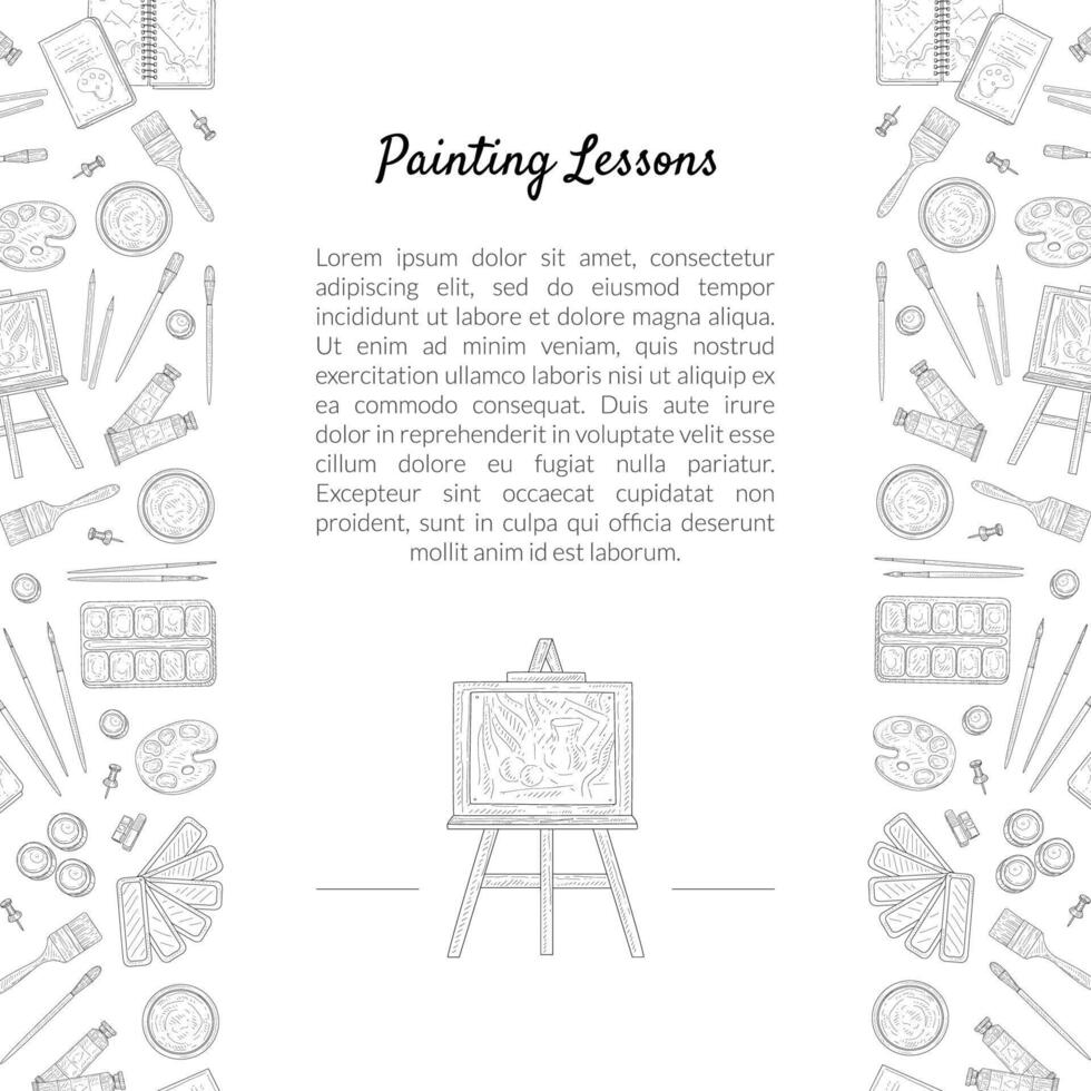Painting Lessons Banner Template with Place for Text and Painter Tools Hand Drawn Seamless Pattern, Art School Design Element Monochrome Illustration vector