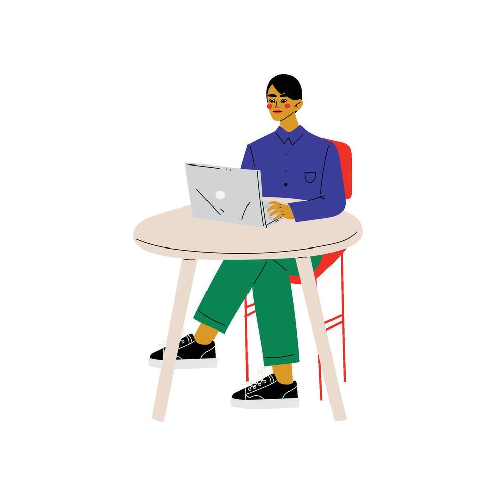 Young Man Sitting at Desk and Working on Laptop Computer, Freelance or Social Network Concept Illustration vector