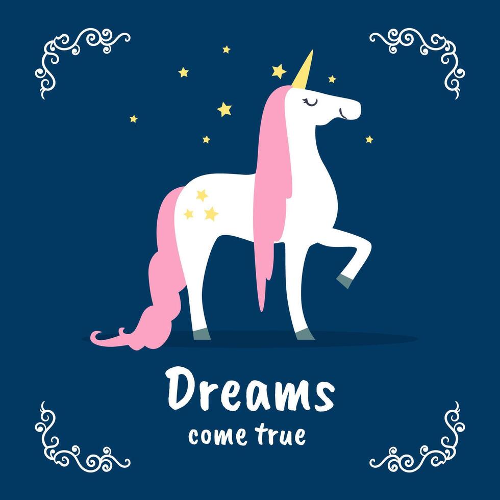 Dreams Come True Banner Template, Fairytale Magic Unicorn on Dark Blue Background, Design Element Can Be Used for Invitation Card, Flyer, Poster, Label, Brochure Illustration vector