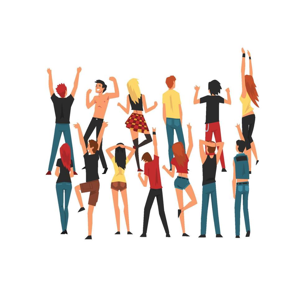 People Dancing and Having Fun Outdoor at Open Air Concert, Rock Fest, Crowd Celebrating During Outdoor Summer Music Festival Illustration vector