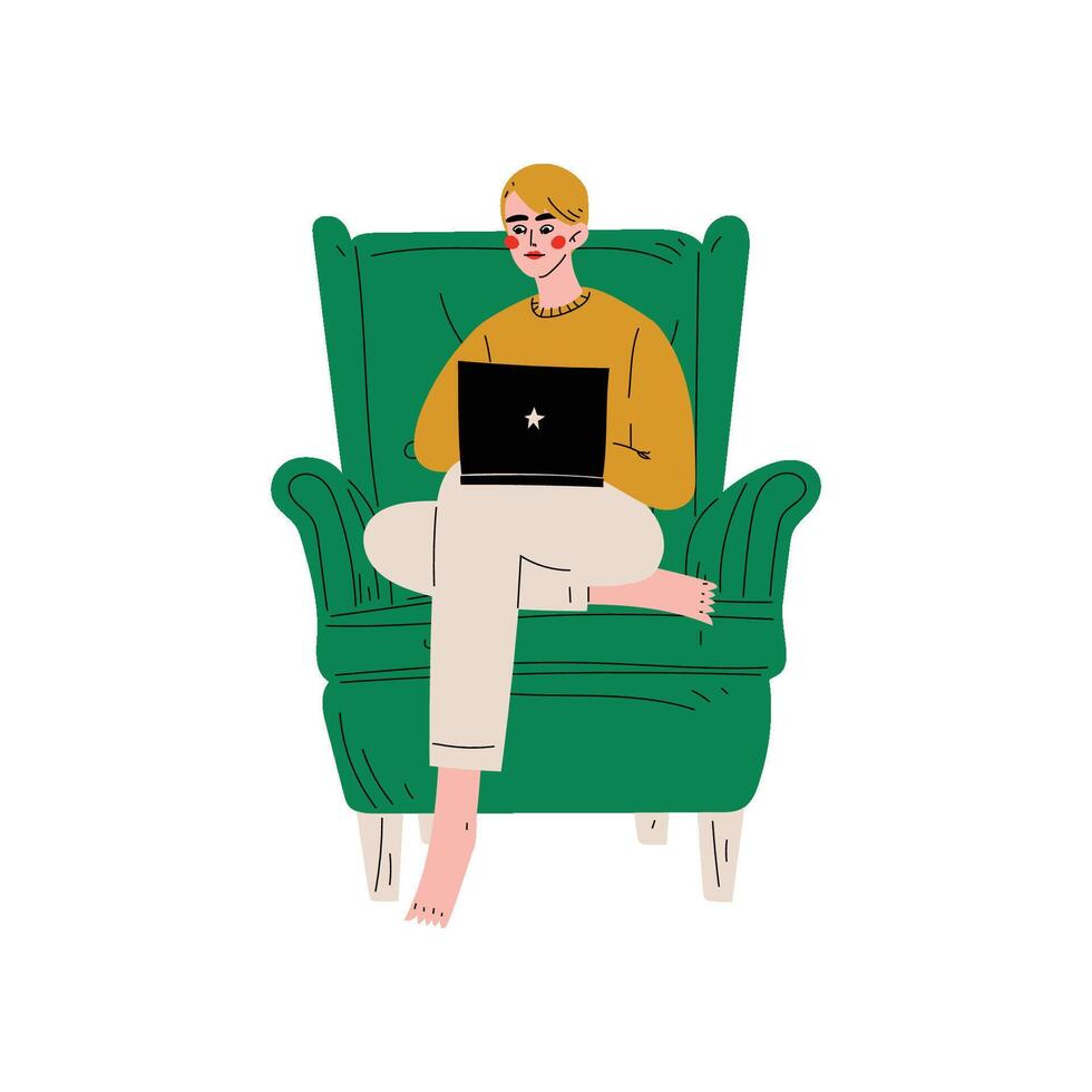 Young Man Sitting in Armchair Using Laptop Computer, Guy Working or Relaxing at Home Using Computer Illustration vector
