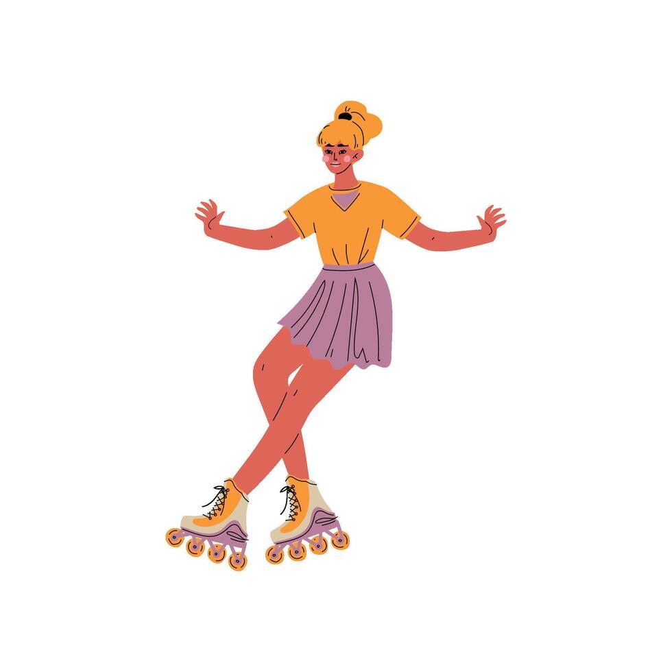 Roller Skating Girl, Female Athlete Character Riding on Roller Skates, Active Healthy Lifestyle Illustration vector