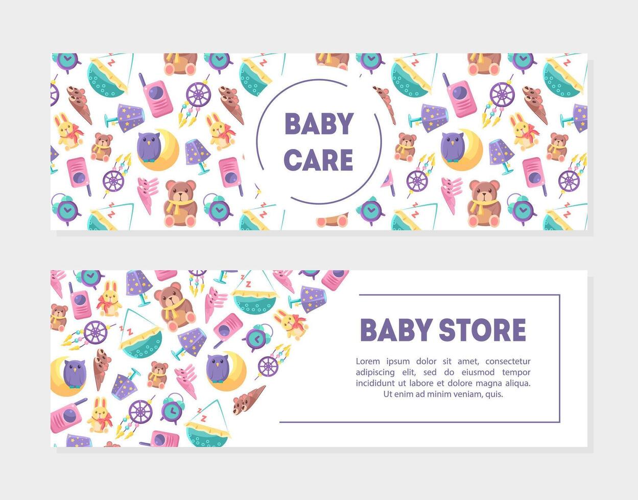 Baby Carem Baby Store Banner Templates with Cute Toys and Care Supplies Set, Design Element with Place for Text, Can Be Used for Landing Page, Mobile App, Flyer, Gift Card Illustration vector