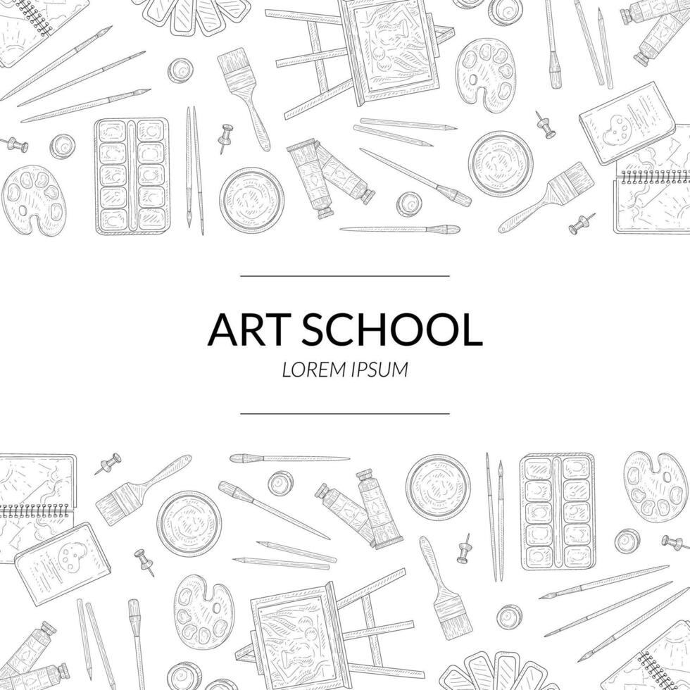 Art School Banner Template with Place for Text and Artistic Materials Hand Drawn Seamless Pattern Monochrome Illustration vector