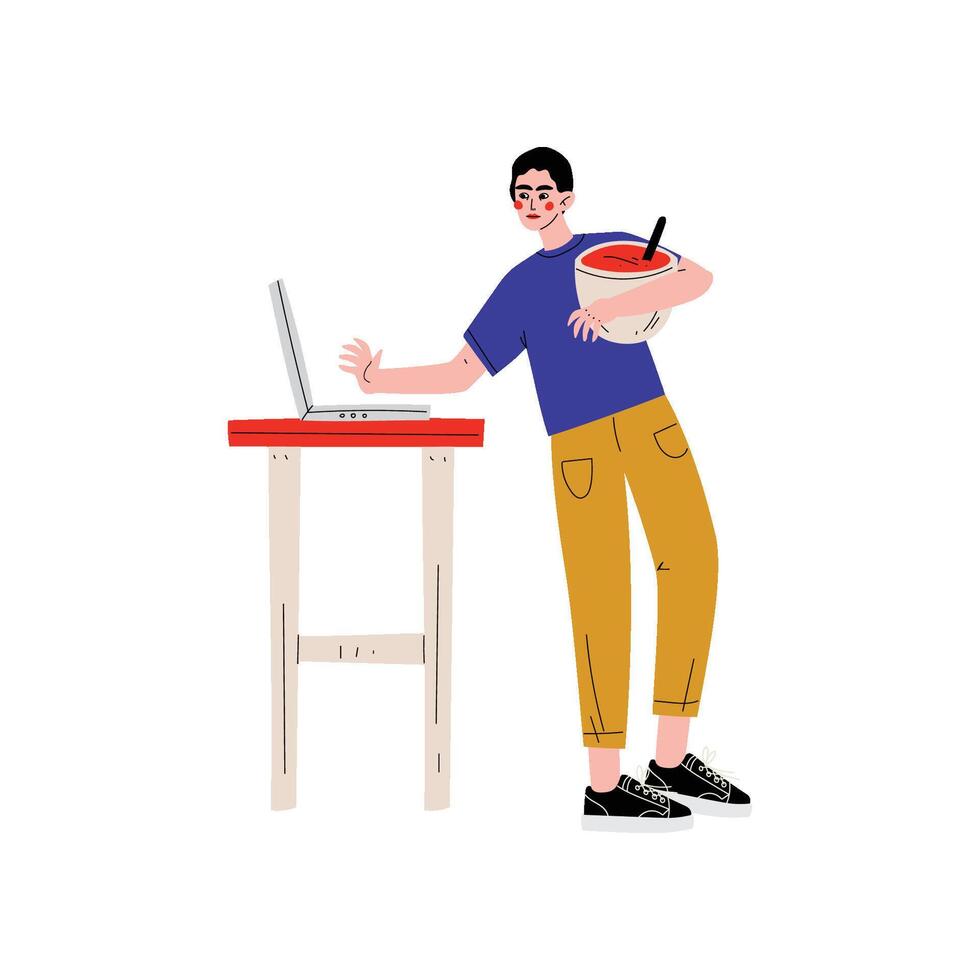 Young Man Cooking in Kitchen Using Laptop Computer Illustration vector