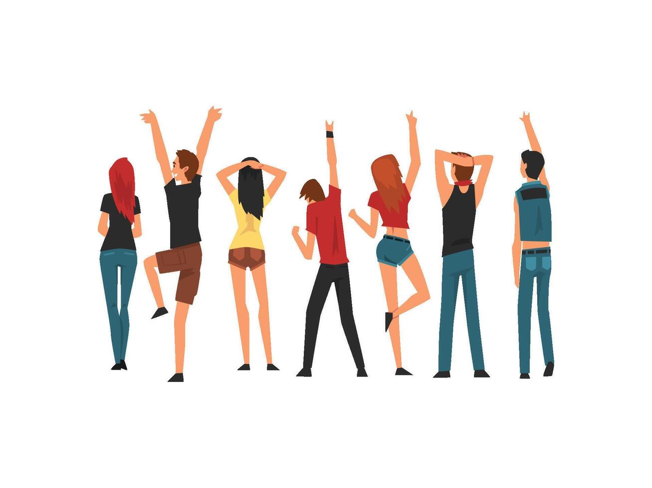 Crowd of People Dancing and Having Fun Outdoor at Open Air Concert, Rock Fest, Outdoor Summer Music Festival, View From the Back Illustration vector