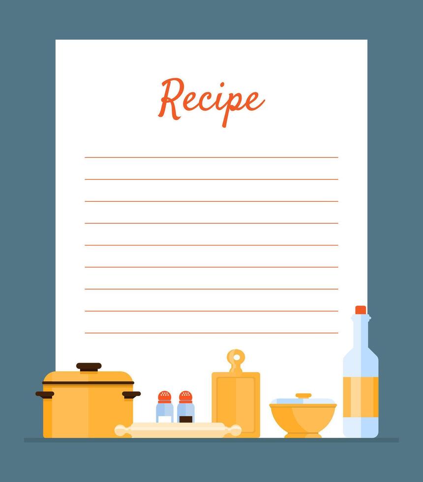 Recipe Cookbook Decorated with Kitchen Tools, Card with Lines for Recipe Placement Illustration vector
