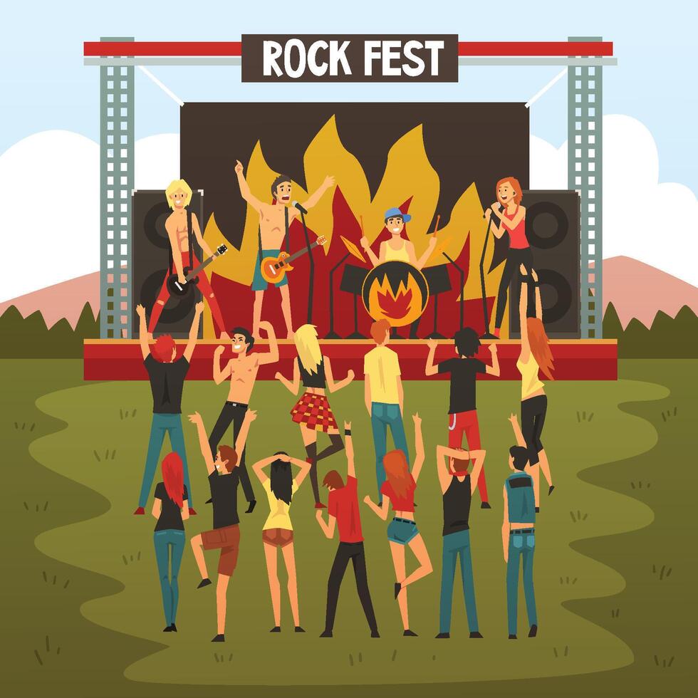 Rock Fest, Open Air Concert, Rock Band Performing on Stage, People Dancing and Having Fun Outdoor Next to Scene With Band, Outdoor Summer Music Festival Illustration vector