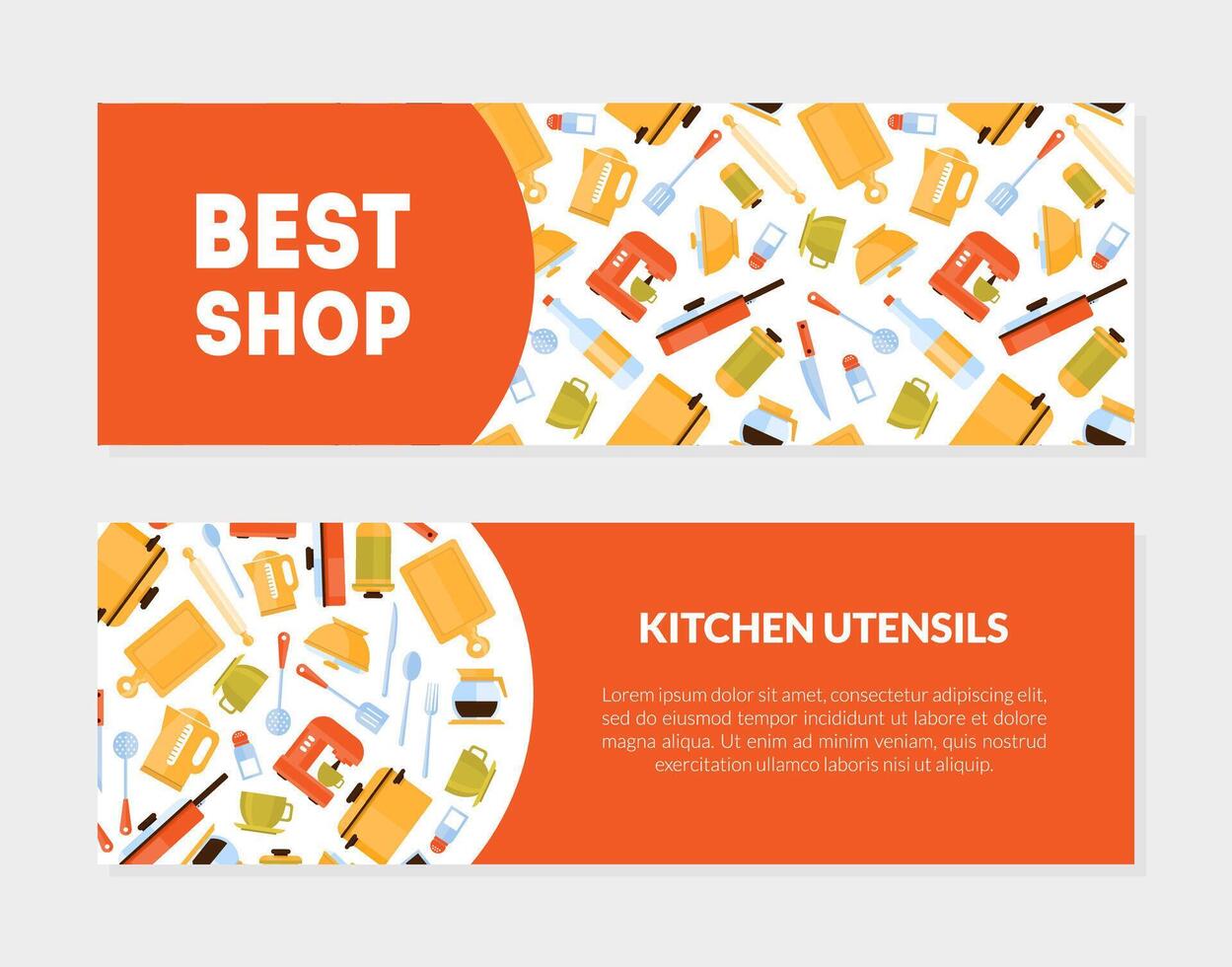 Best Shop, Kitchen Utensils Banner Templates Set with Cooking Tools Pattern Illustration vector