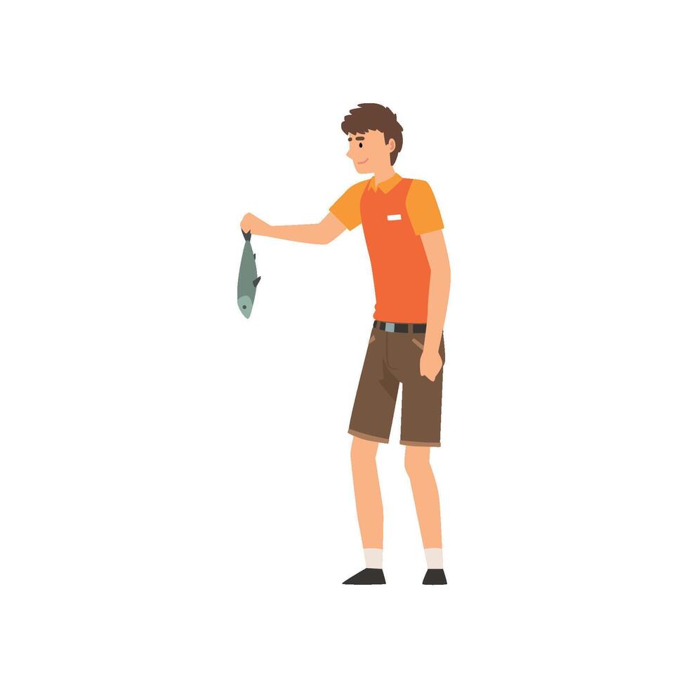 Zoo Worker Holding Fresh Fish to Feed Animals, Professional Zookeeper Character Illustration vector