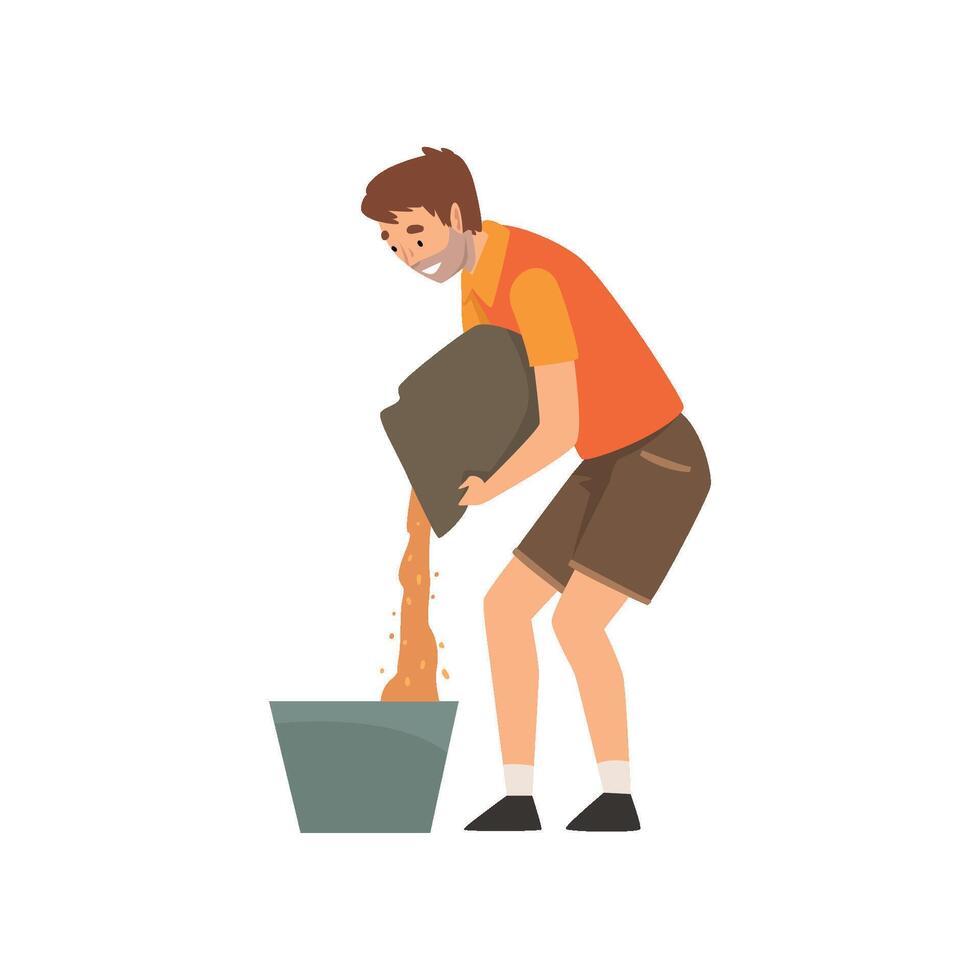 Zoo Worker Pouring Grain in Bucket, Professional Zookeeper Character Caring of Animals Illustration vector