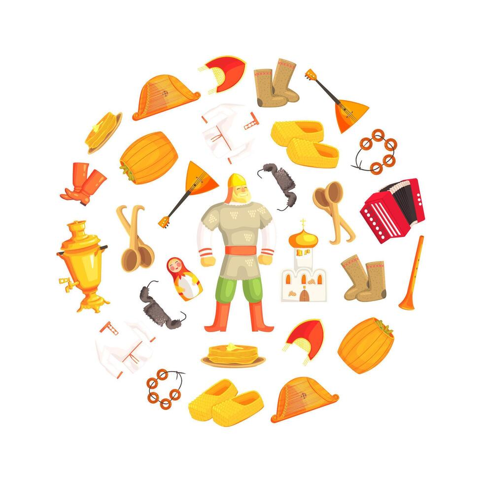 Russian Culture Signs and Symbols in Circular Shape, Russian Hero, Cathedral, Balalaika, Samovar, Basts, Matryoshka, Accordion, Harp, Kokoshnik, Pancakes Illustration vector