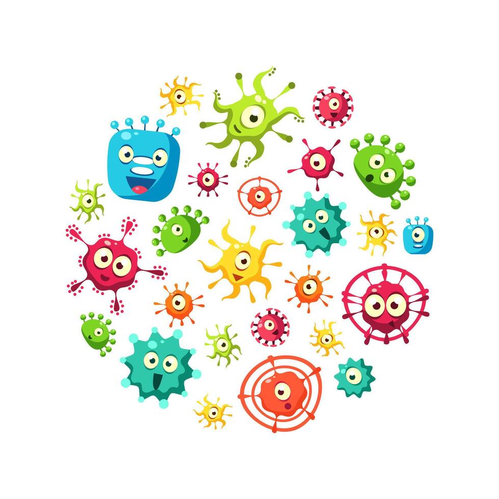 Bacteria Banner Template with Cute Colorful Microorganisms Pattern in Circular Shape, Probiotics, Medicine or Dietary Supplements for Gastrointestinal Health Illustration vector