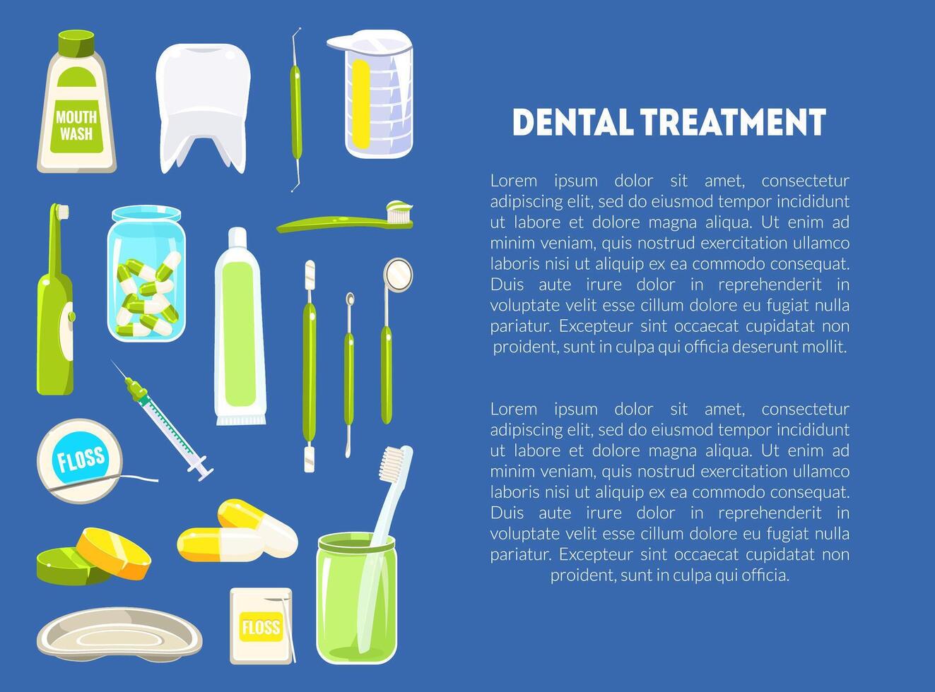 Dental Treatment Banner Template with Dentist Tools and Place for Text, Dental Clinic Service, Mobile Website, Landing Page Design Element Illustration vector