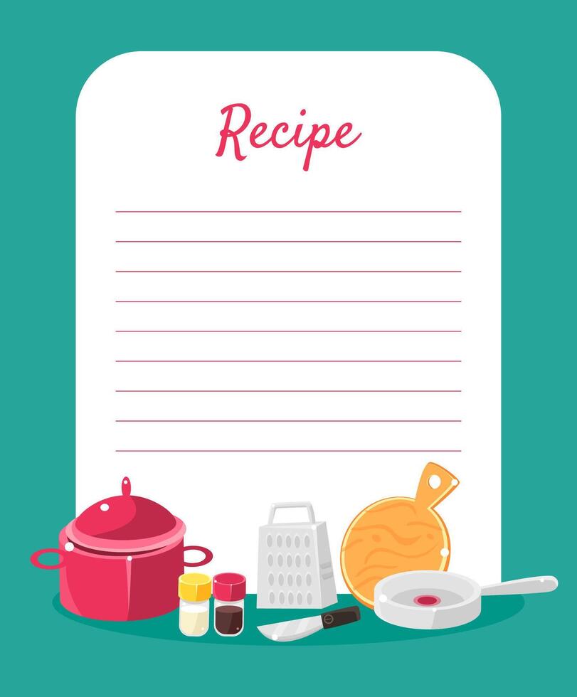Recipe Cookbook Decorated with Kitchen Tools, Card with Lines for Recipe Placement Illustration vector