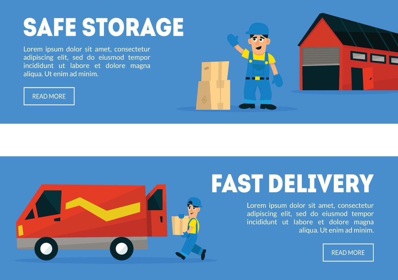Safe Storage, Fast Delivery Horizontal Banners Templates Set, Freight, Cargo Transportation, Storage of Goods, Mobile Website, Landing Page Design Element Illustration vector