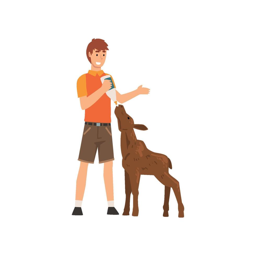 Zoo Worker Feeding alf with Milk Bottle, Professional Zookeeper Character Caring of Animal Illustration vector