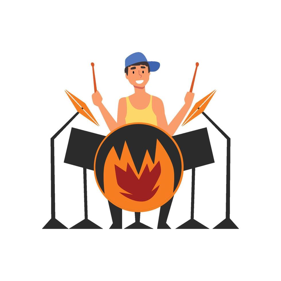 Male Drummer Playing Drums, Man Sitting Behind Drum Kit at Open Air Concert, Rock Fest, Outdoor Summer Music Festival Illustration vector