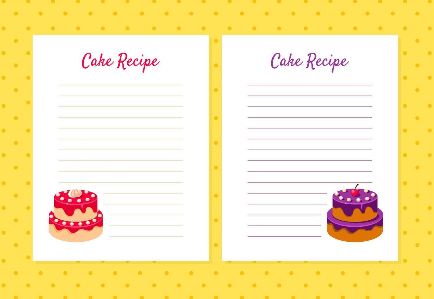 Cake Recipe Cookbook Design Templates, Card with Lines for Recipe Placement Illustration vector