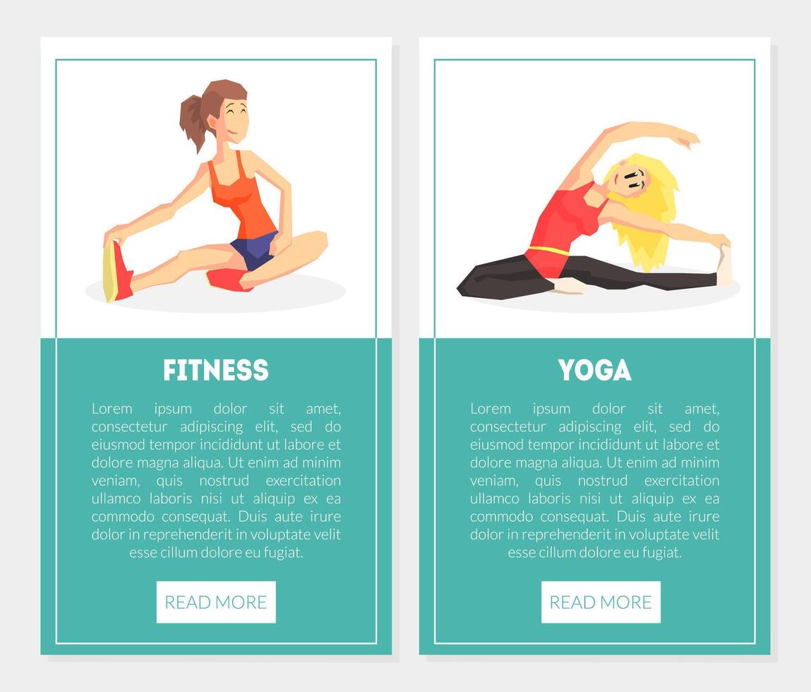 Fitness, Yoga Banner Templates Set with Exercising Girls, Design Element Can Be Used for Landing Page, Mobile App, Website Illustration vector