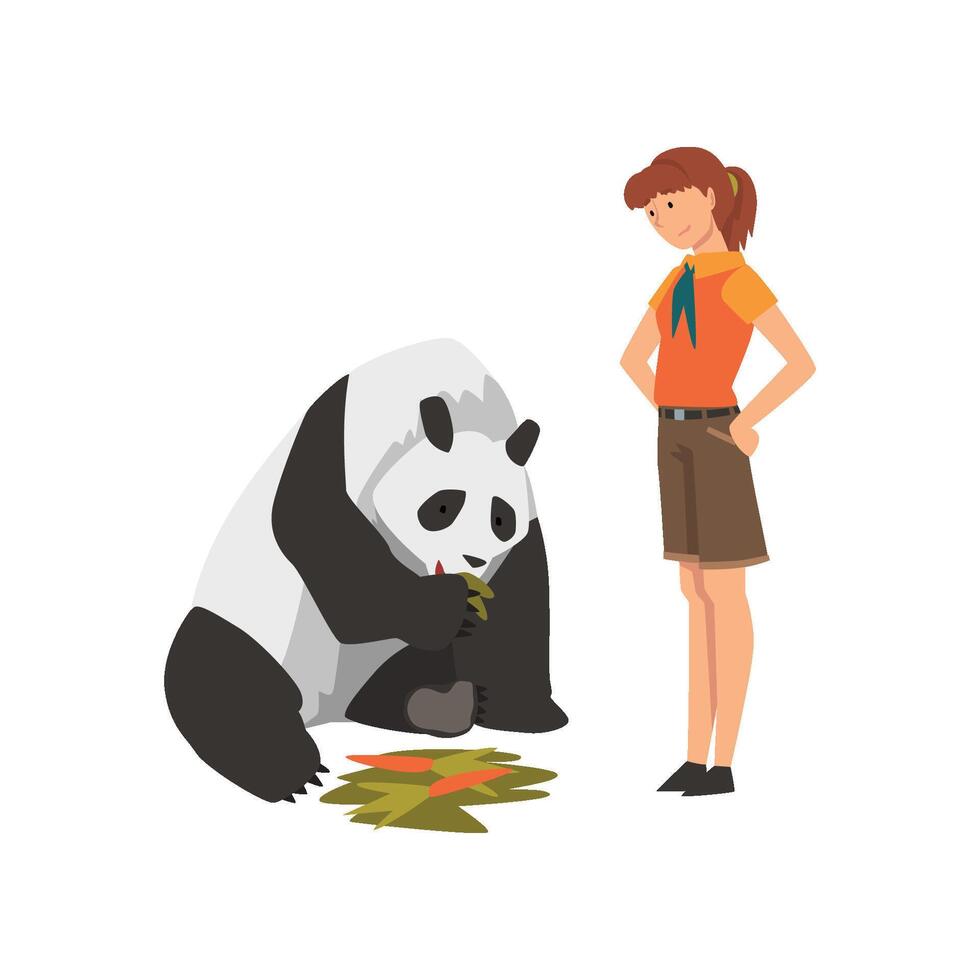 Zoo Worker Feeding Panda Bear Eating Carrot, Professional Zookeeper Character Caring of Animal Illustration vector