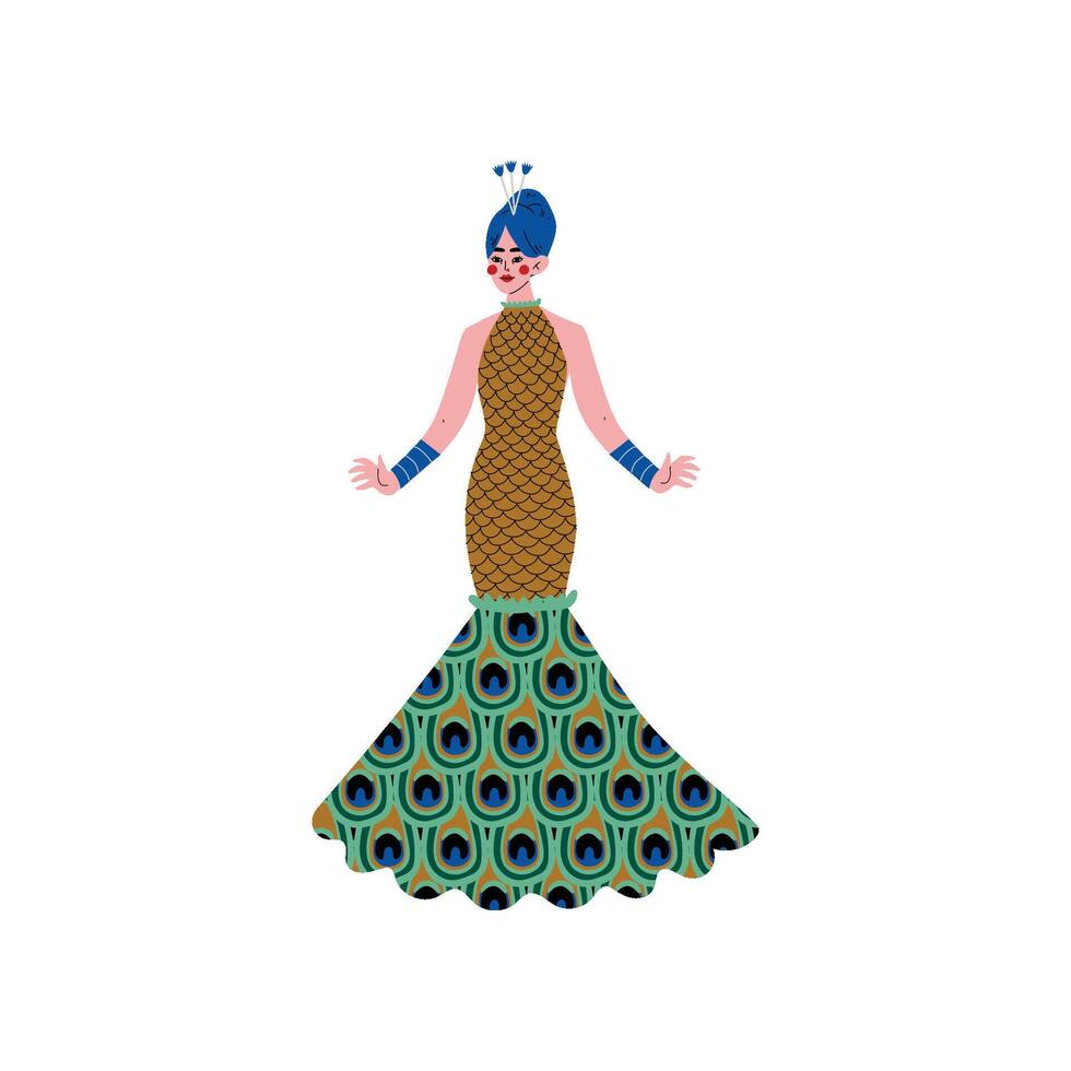 Beautiful Woman Wearing Elegant Dress Decorated with Peacock Feathers Ornament Illustration vector