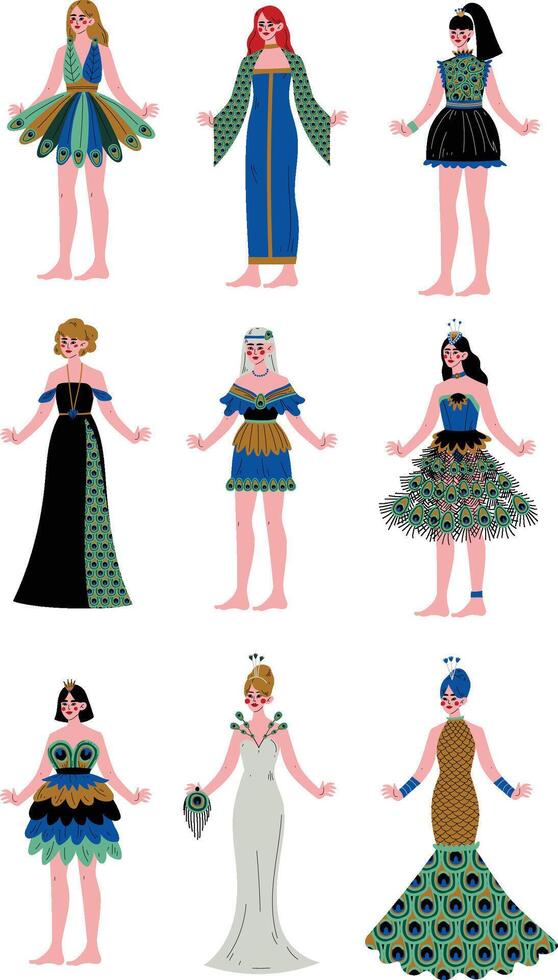 Collection of Beautiful Women Wearing Elegant Dresses Decorated with Peacock Feathers Illustration vector