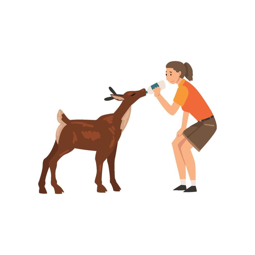 Girl Zoo Worker Feeding Baby Deer with Bottle of Milk, Professional Zookeeper Character Caring of Animal Illustration vector