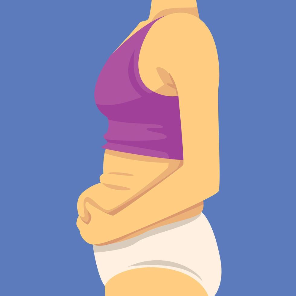 Part of Female Body, Woman Clamping Fold of Fat Belly with Her Hands, Side View, Human Figure After Weight Loss, Obesity and Unhealthy Eating Problems Illustration vector