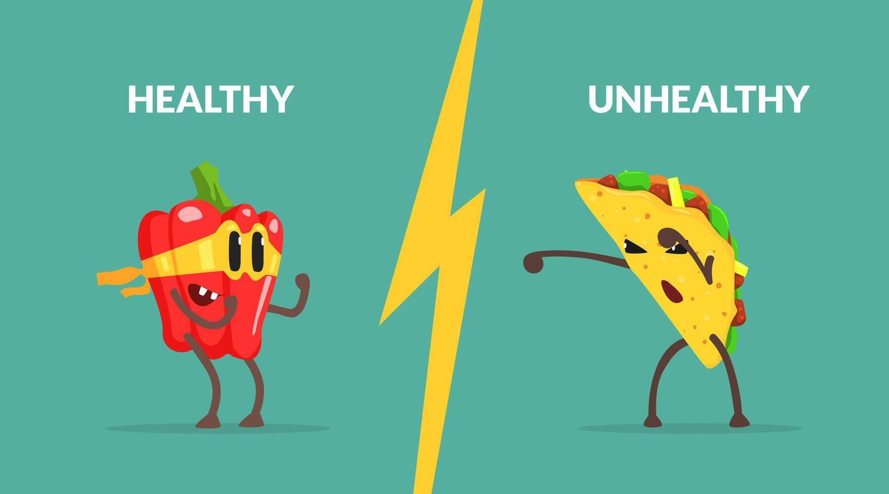 Healthy vs Unhealthy Food Banner Template, Strong Pepper Character Fighting with Tako, Healthy Food Against Fast Food Illustration vector