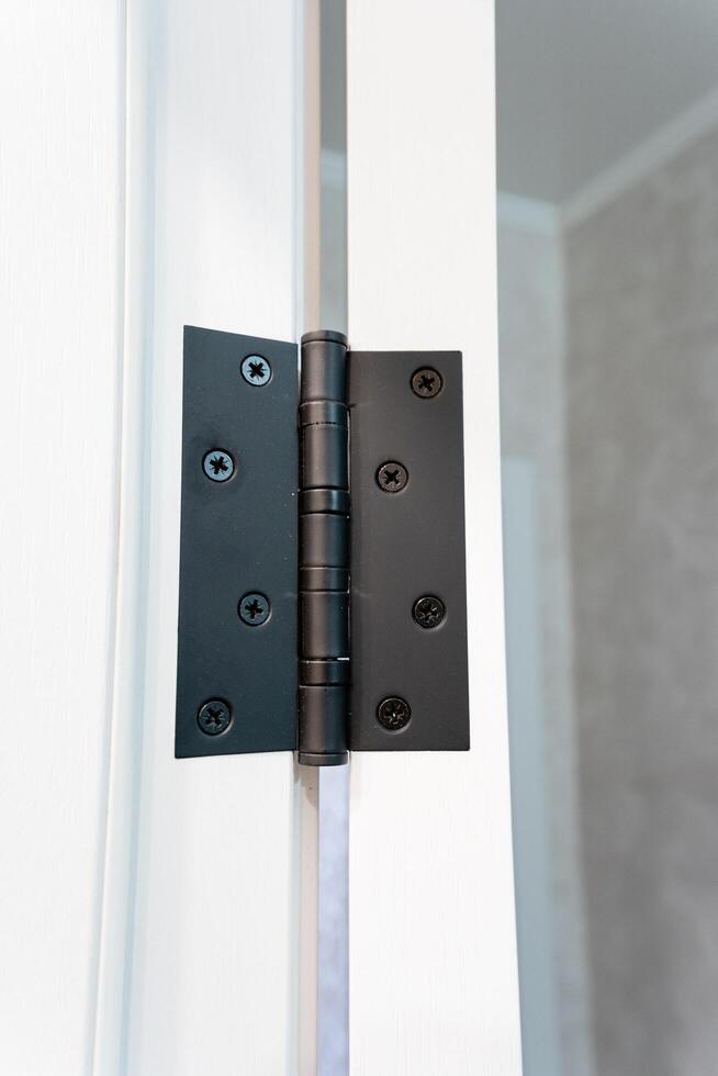 This is a close up image featuring a black door hinge mounted on a white door photo