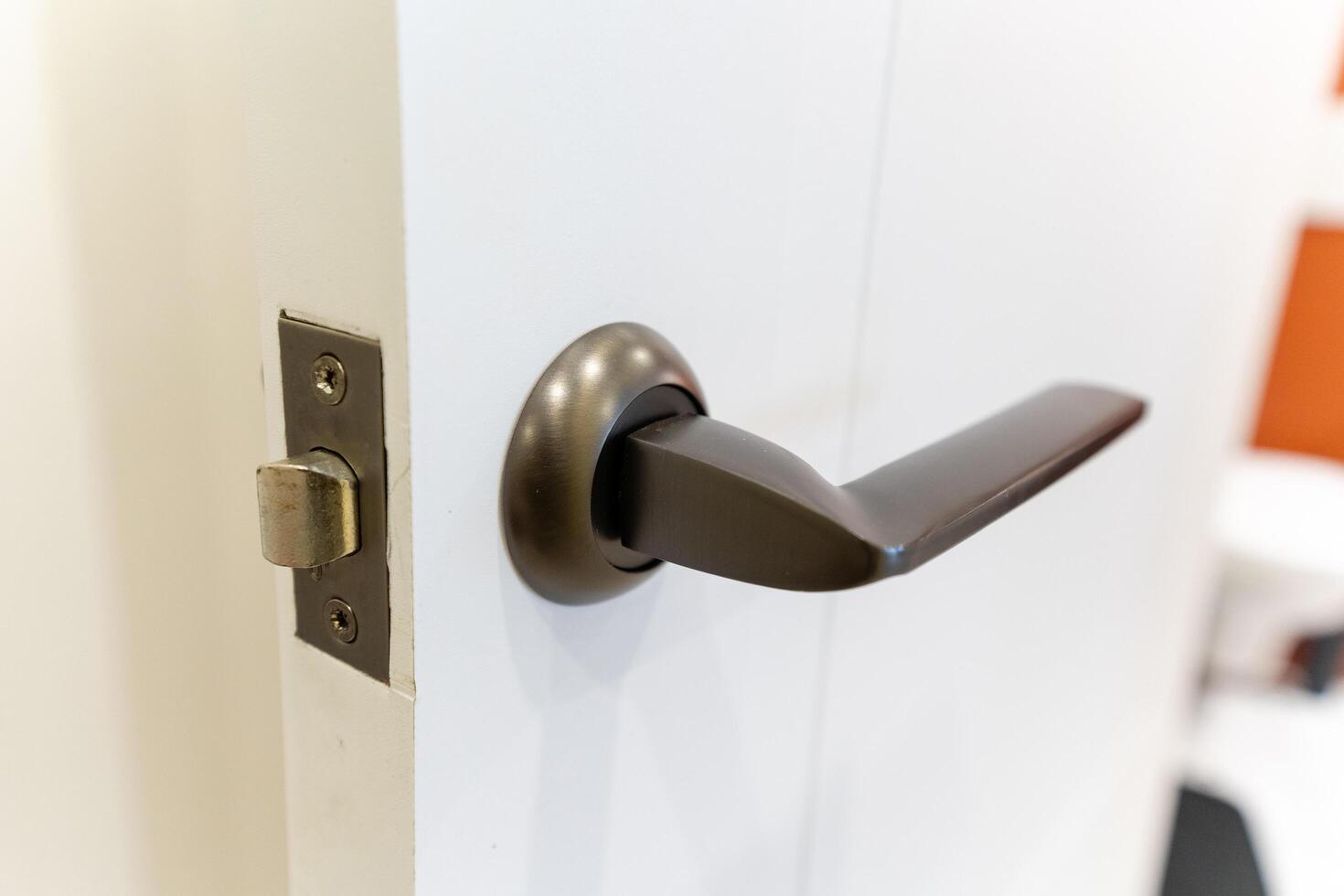 This captivating image showcases a beautifully designed door handle on a clean white door, highlighting its intricate details and rich texture as an essential household fixture photo