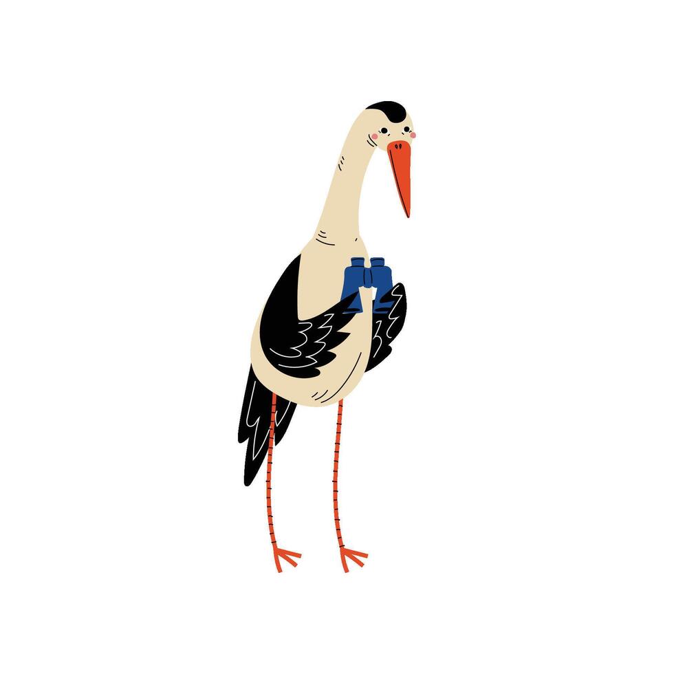 Crane with Binoculars, Bird Character Having Hiking Adventure Travel or Camping Trip Illustration vector