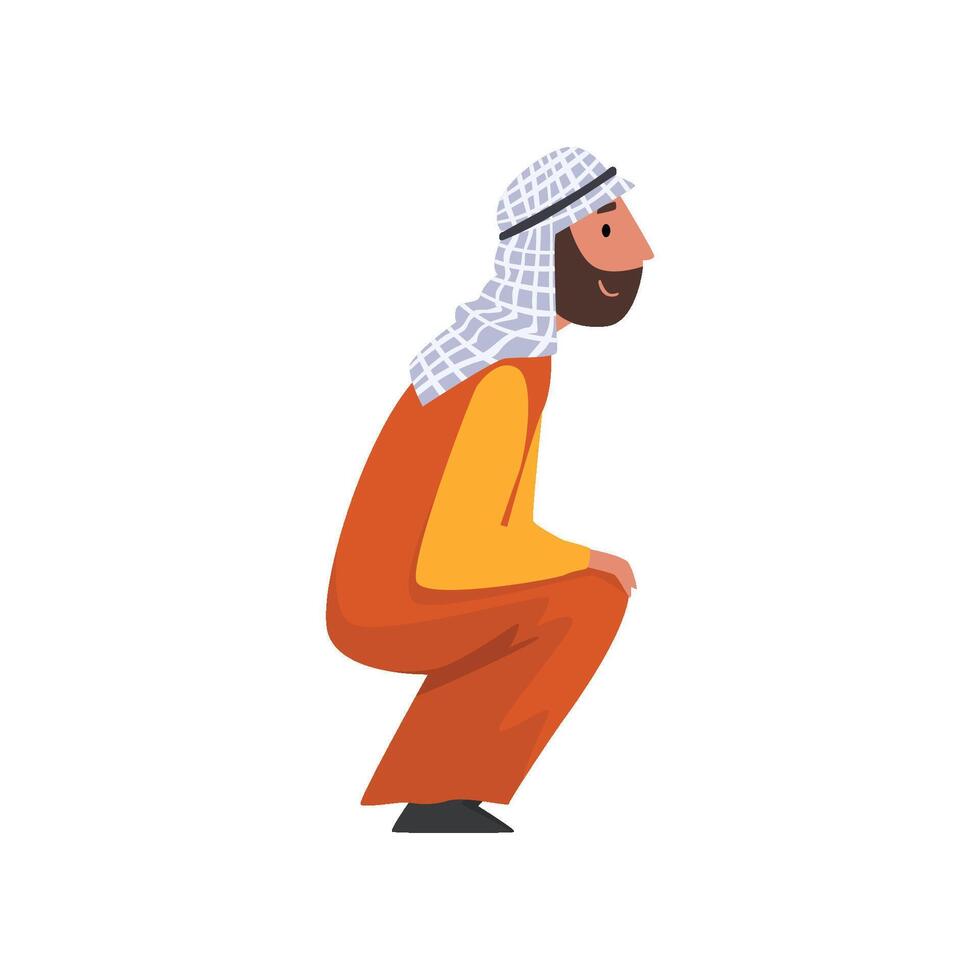 Arab Man in Traditional Muslim Clothes Squatting Illustration vector