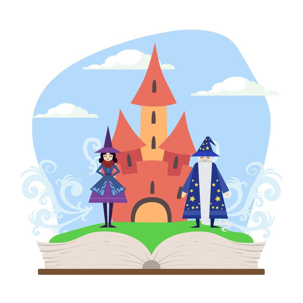 Opened Book with Magic Fairytale Castle, Wizard and Witch Illustration vector