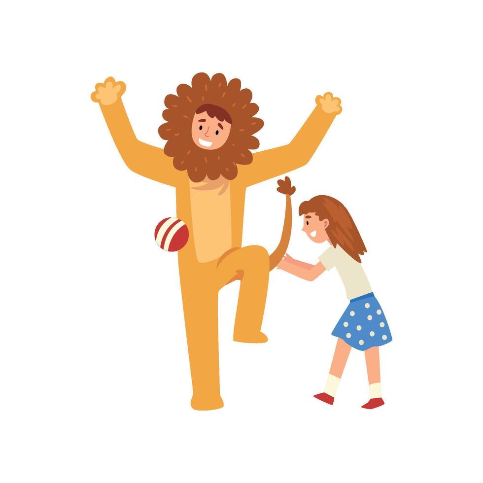 Happy Girl Having Fun with Animator in Lion Costume at Birthday Party, Entertainer in Festive Costume Performing Before Kid Illustration vector