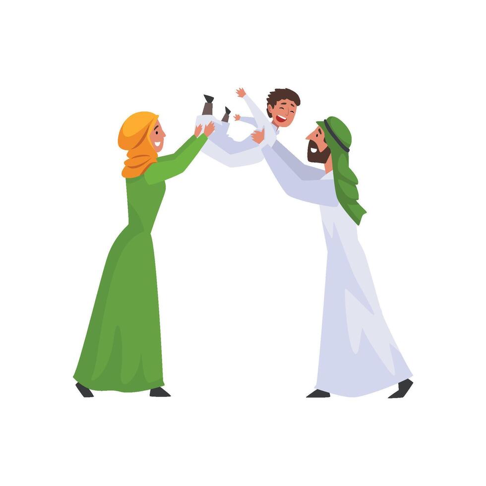 Happy Arab Family in Traditional Clothes, Muslim Parents Having Fun with Their Son Illustration vector