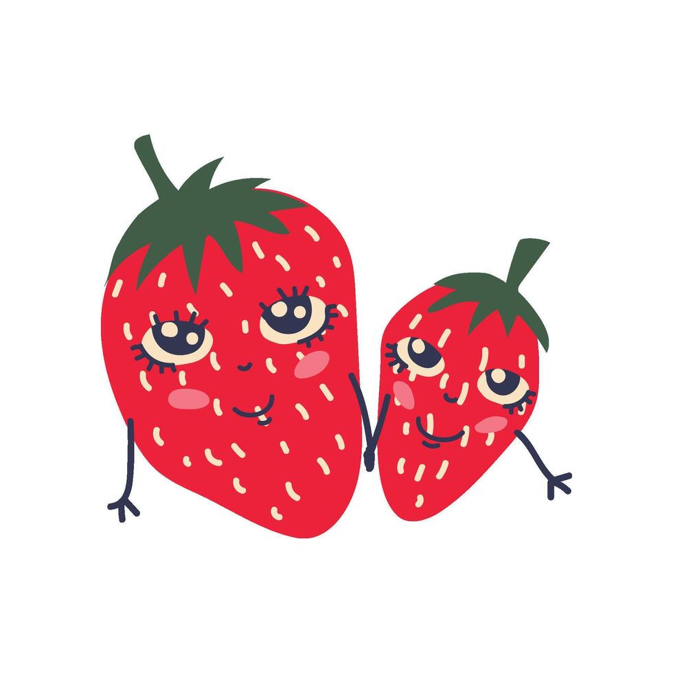 Cute Couple of Ripe Strawberries with Smiling Faces, Adorable Funny Fruits Cartoon Characters Illustration vector