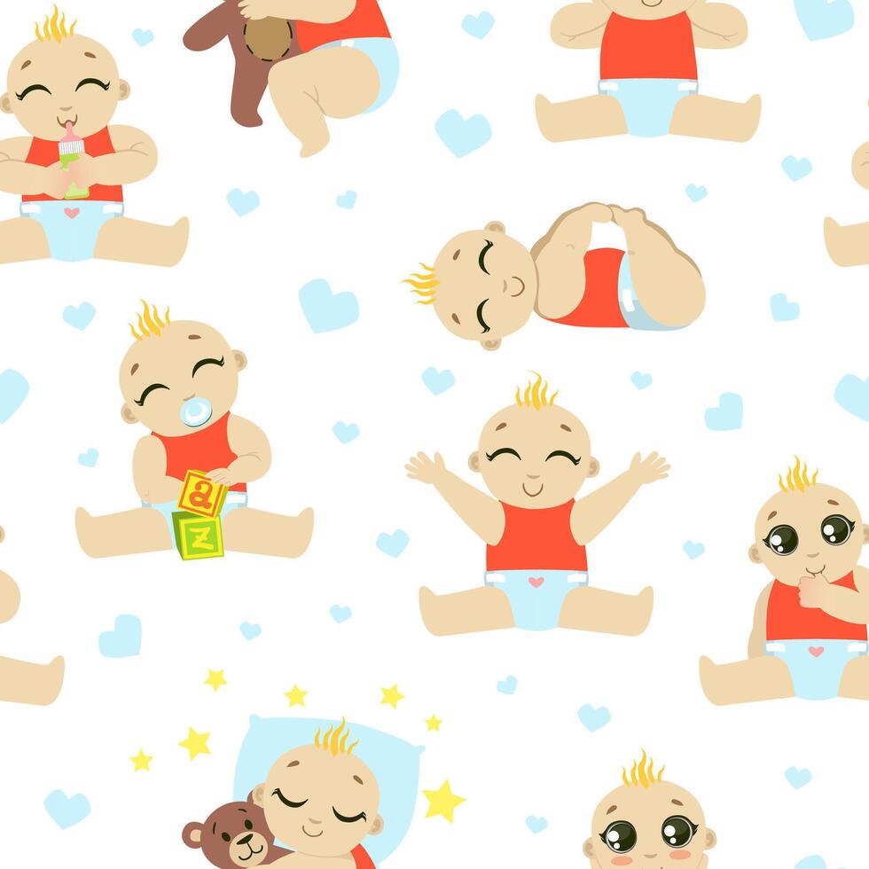 Baby Toddler Character Seamless Pattern, Cute Child in Diaper Playing, Sleeping, Eating, Design Element Can Be Used for Fabric, Wallpaper, Packaging Illustration vector